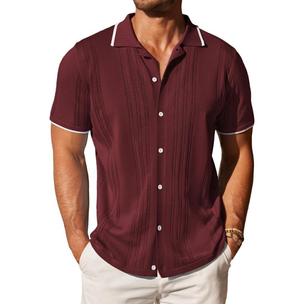 Men's Red Button Down Shirt Vintage Short Sleeve Shirts Casual Beach Tops